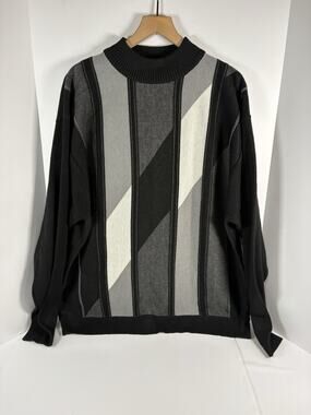 GACHU Mens 2XL Mock Neck Sweater Black Gray Geometric Colorblock Acrylic Knit